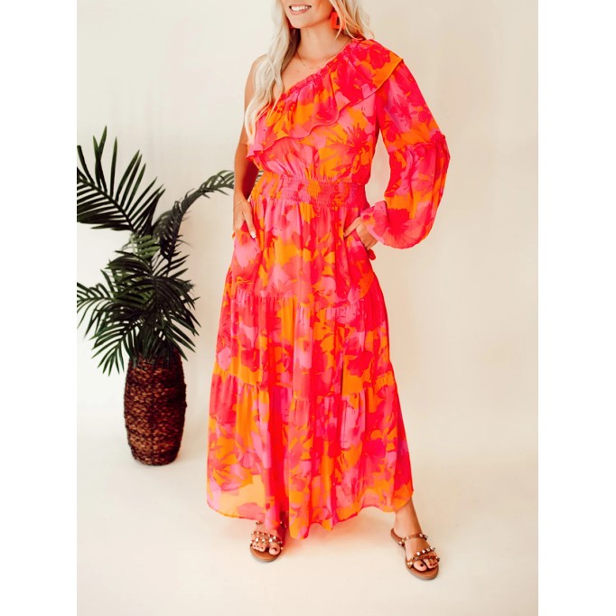 Rose Orange Flower Single Shoulder Long Dress