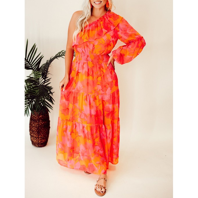 Rose Orange Flower Single Shoulder Long Dress