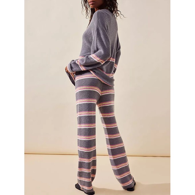 Round neck long sleeved striped sweater and pants two-piece set