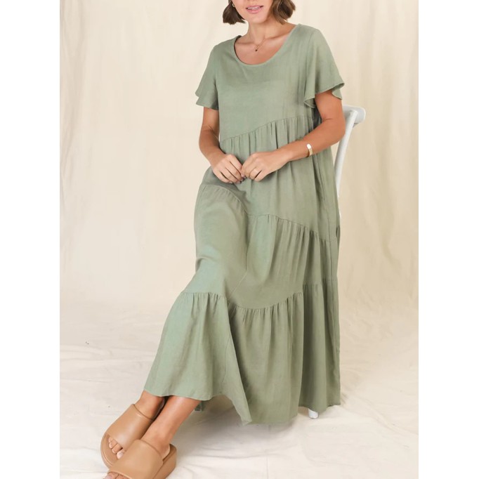 Round neck pullover cotton linen loose dress long skirt