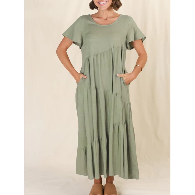 Round neck pullover cotton linen loose dress long skirt