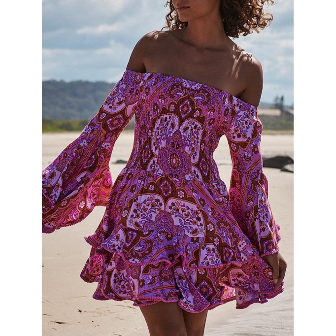 Sexy off-the-shoulder geometric print dress