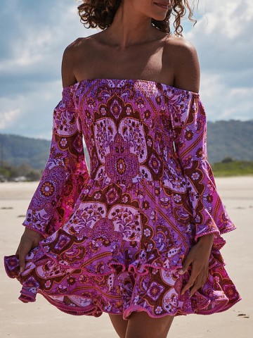 Sexy off-the-shoulder geometric print dress