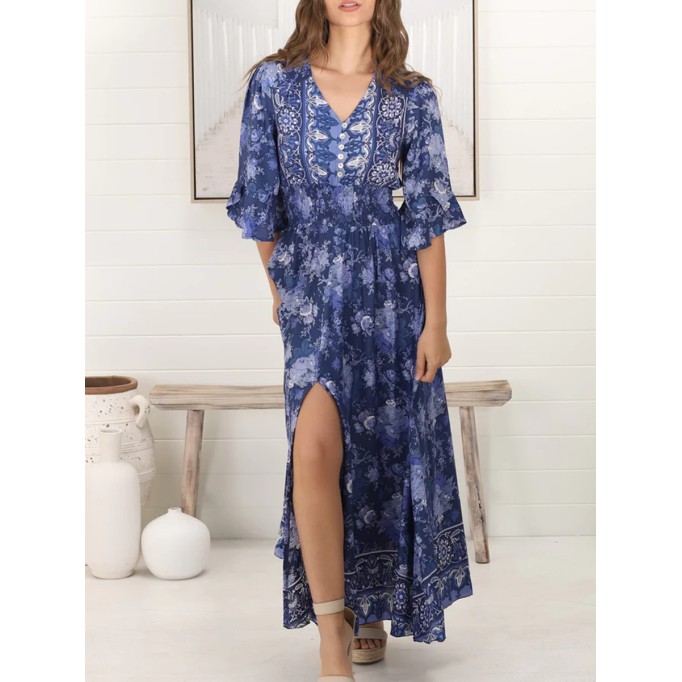 Short sleeve Bohemian slit print maxi dress