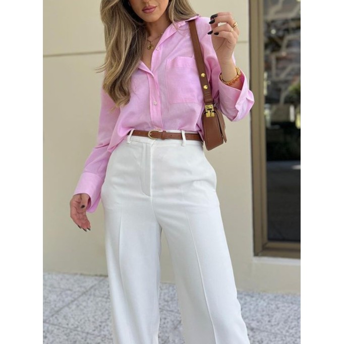 Simple elegant loose shirt + solid color pants 2-piece set