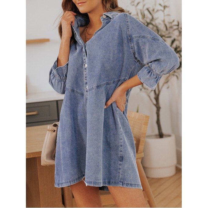 Sky Blue Buttoned Long Sleeve Denim Mini Dress