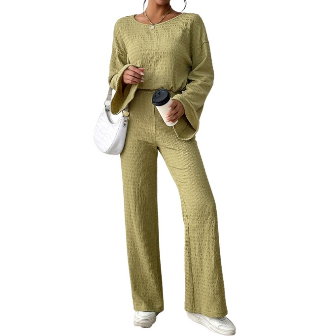 Solid color flare sleeve top wide leg pants set