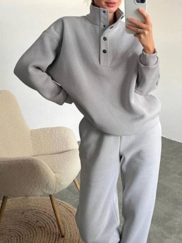 Solid color high neck sweater pants two-piece set