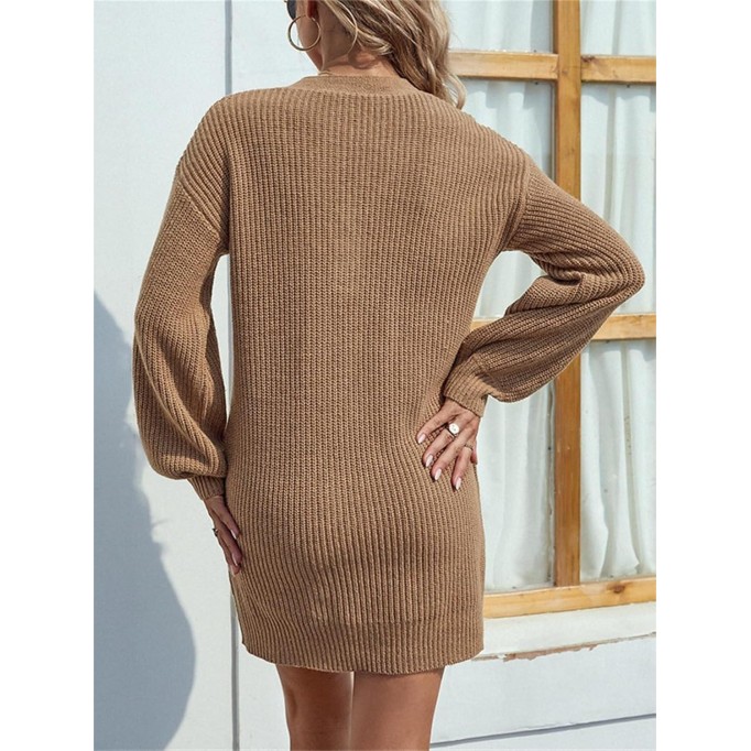 Solid Color V-neck Button Mid-length Women's Sweater Dress