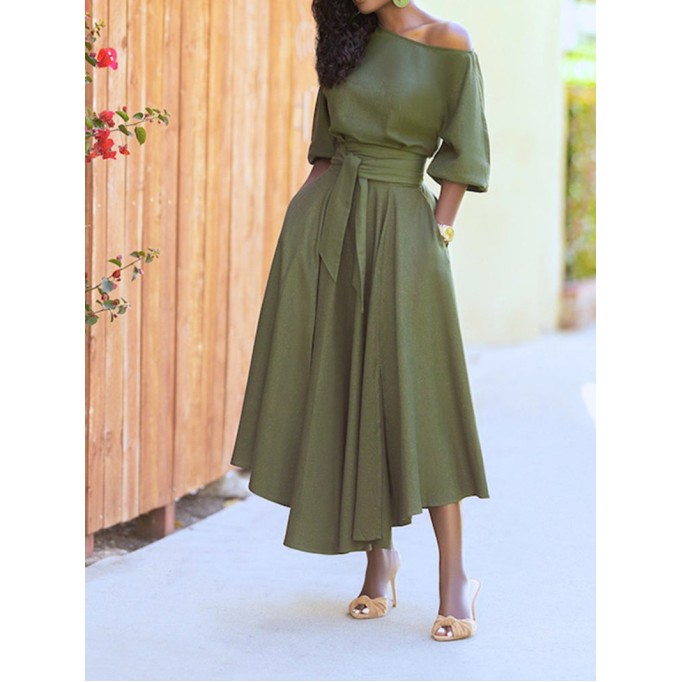 Solid Tie Pocket Long Sleeve Dress