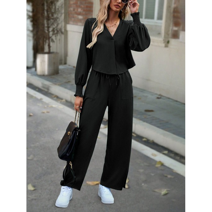 Solid V-neck shirt wide leg pants set