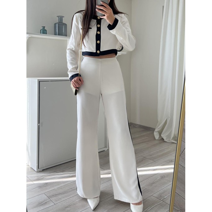 Spliced round neck single breasted top and pants two-piece set