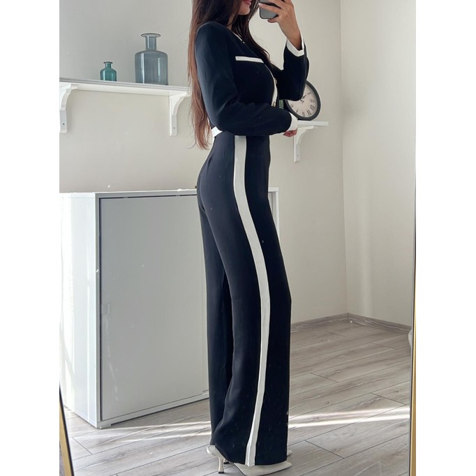 Spliced round neck single breasted top and pants two-piece set