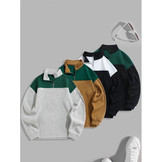 Streetwear solid Color Block Polo Sweatshirt