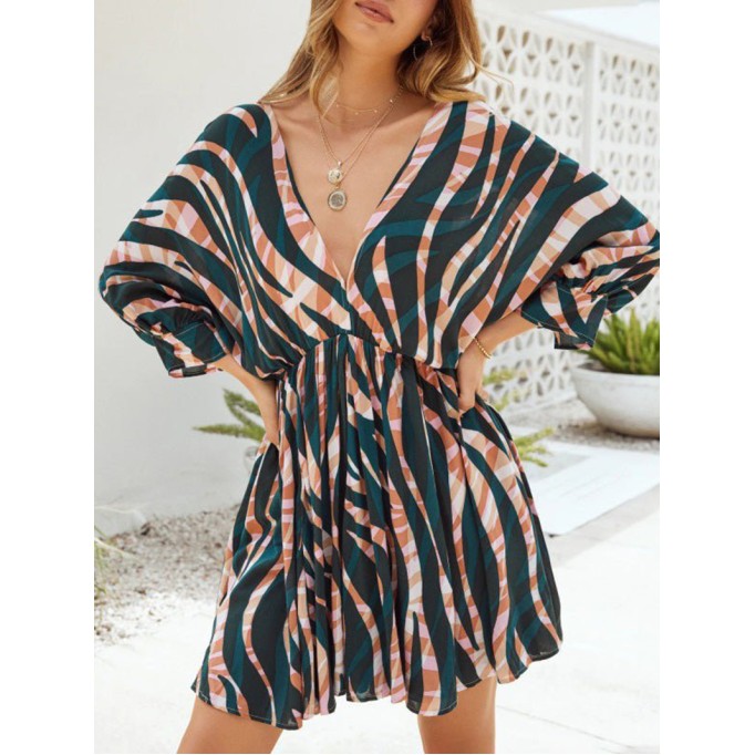 Stripe Print V-Neck Belted Long Sleeve Dress