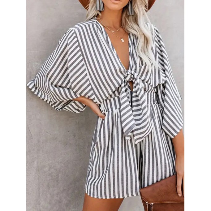 Summer V-neck short sleeve striped jumpsuit