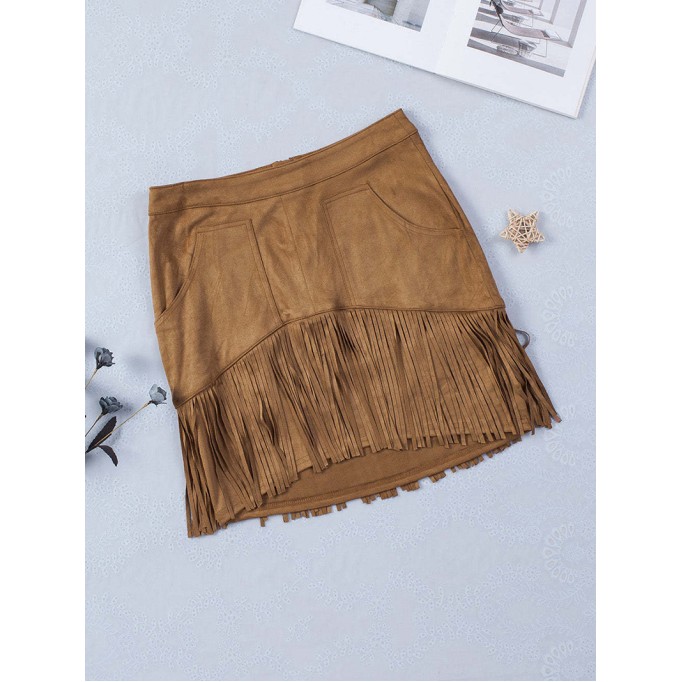 TASSEL ZIPPED POCKETS HIGH WAIST MINI SKIRT