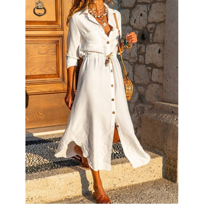 Tie Button Long Sleeve Shirt Dress