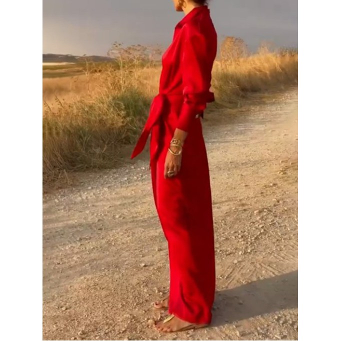 Tie High Waist Long Sleeve Slit Dress