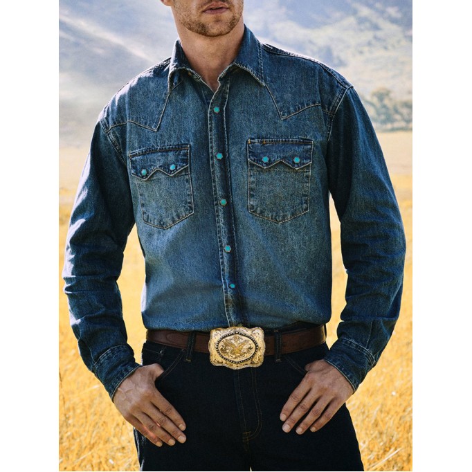 Men's Turquoise Snap Western Denim Shirt