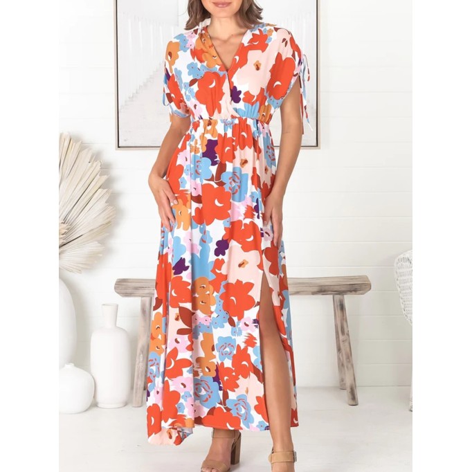 V-neck Cross Neckline Printed Dresses