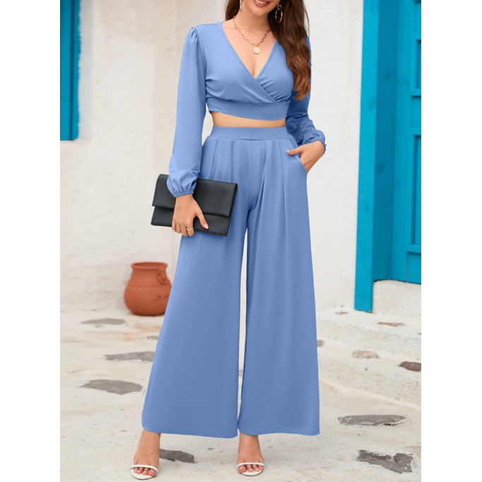 V-neck long sleeved short top wide leg pants set