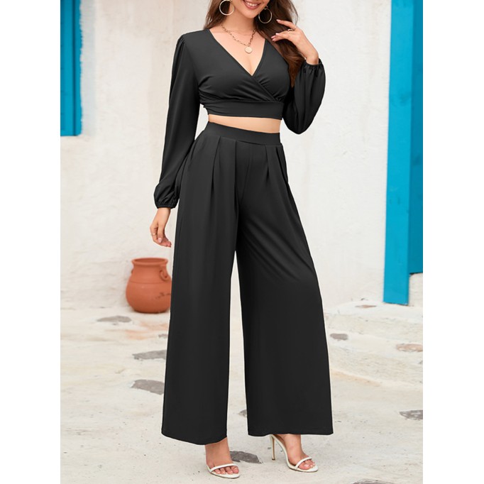 V-neck long sleeved short top wide leg pants set