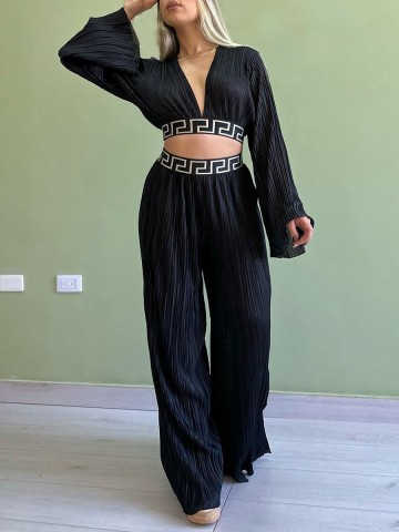 V-neck pleated flare sleeve shirt wide leg pants set