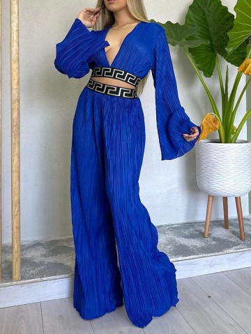 V-neck pleated flare sleeve shirt wide leg pants set