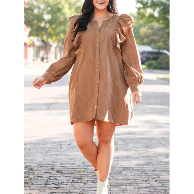 V-neck ruffled button loose fitting dress