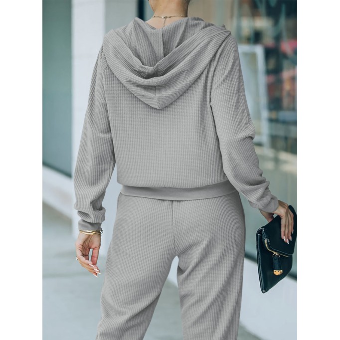 Waffle knit zippered hoodie and pants sports casual set