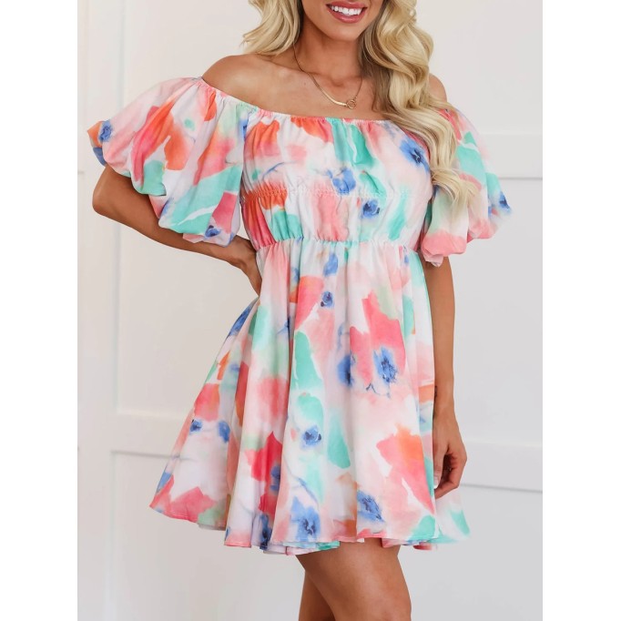 Watercolor pattern bubble sleeve dress