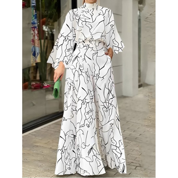 Women's art line graffiti print casual loose sleeved jumpsuit wide leg pants white