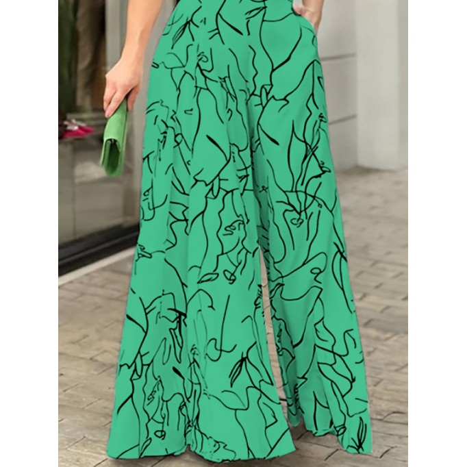 Women's art line graffiti print casual short sleeved jumpsuit wide leg pants green white