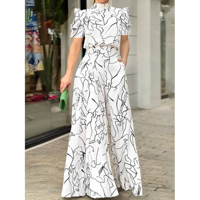 Women's art line graffiti print casual short sleeved jumpsuit wide leg pants green white