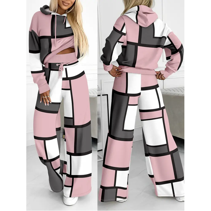 Women's Casual Colorblock Print Hoodie Two Piece Set