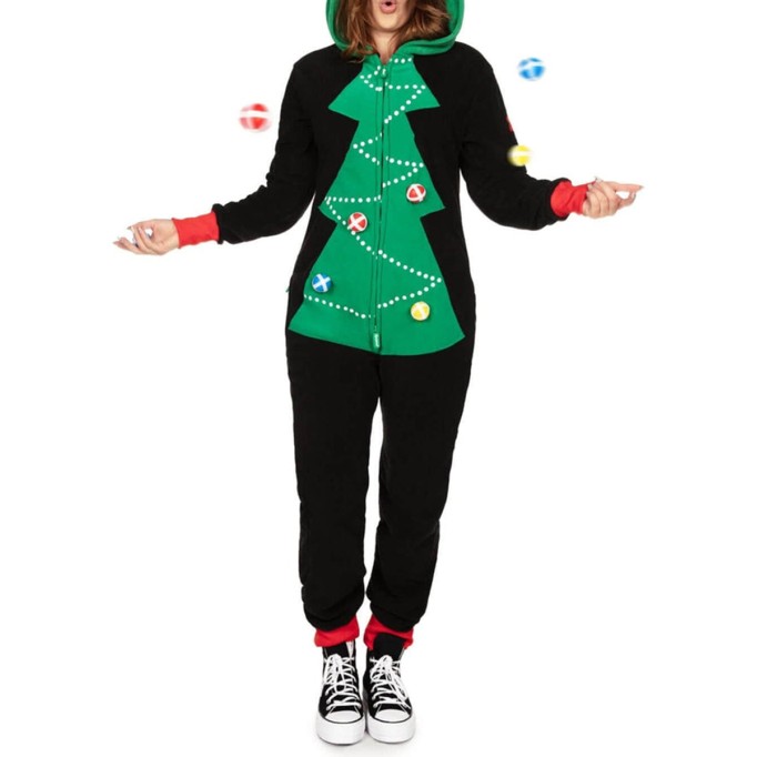 Women's Contrast Christmas Tree Hooded Jumpsuit