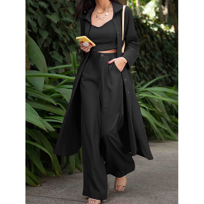 Women's Fashion Mid-Length Shirt Camisole Straight Wide Leg Pants Three Piece Set