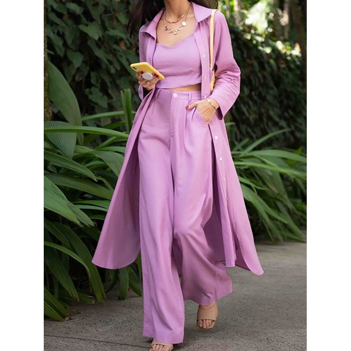 Women's Fashion Mid-Length Shirt Camisole Straight Wide Leg Pants Three Piece Set