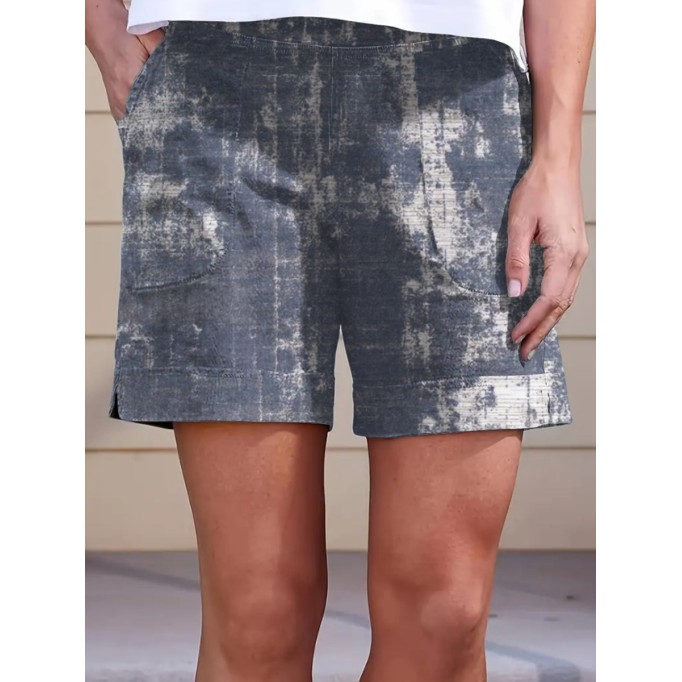 Women's high-waisted tie-dye printed cotton linen shorts