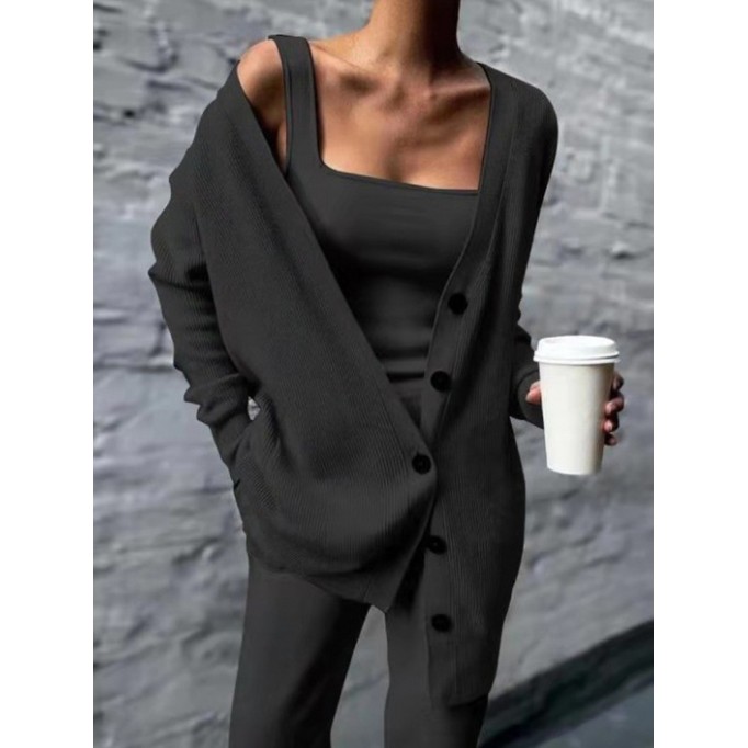 Women's Jacket Vest Pants Knit Three Piece Set