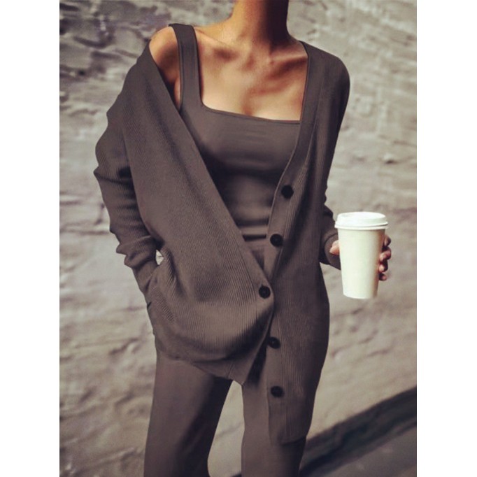 Women's Jacket Vest Pants Knit Three Piece Set