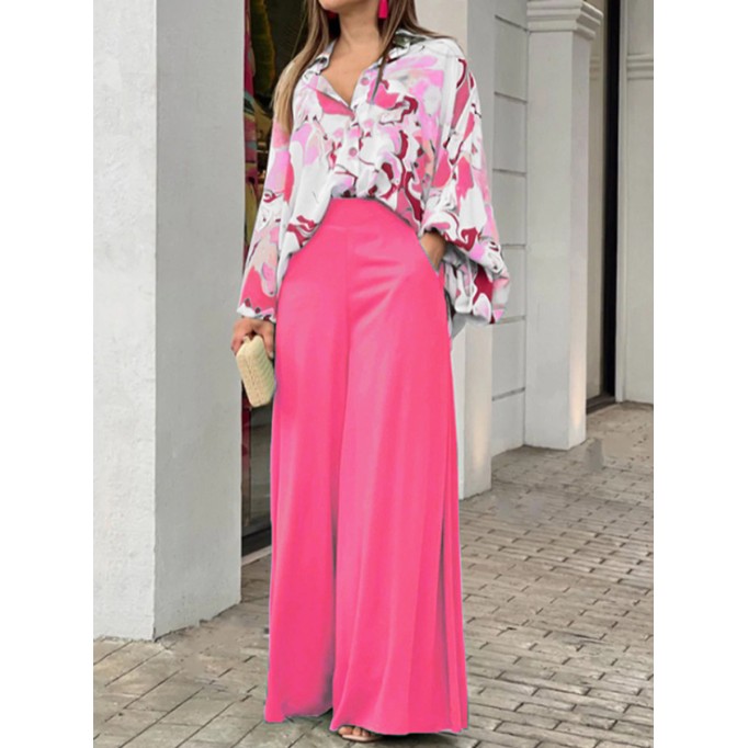 Women's Printed Shirt Temperament Elegant Wide Leg Pants Fashion Casual Suit