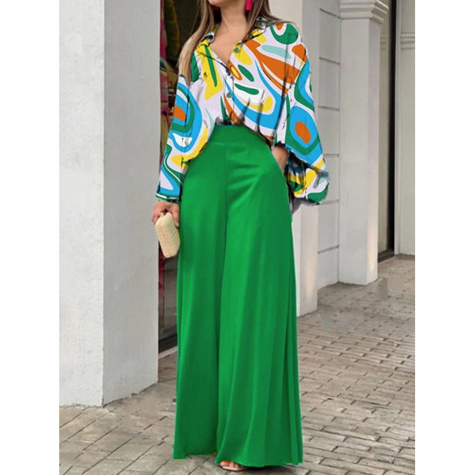 Women's Printed Shirt Temperament Elegant Wide Leg Pants Fashion Casual Suit