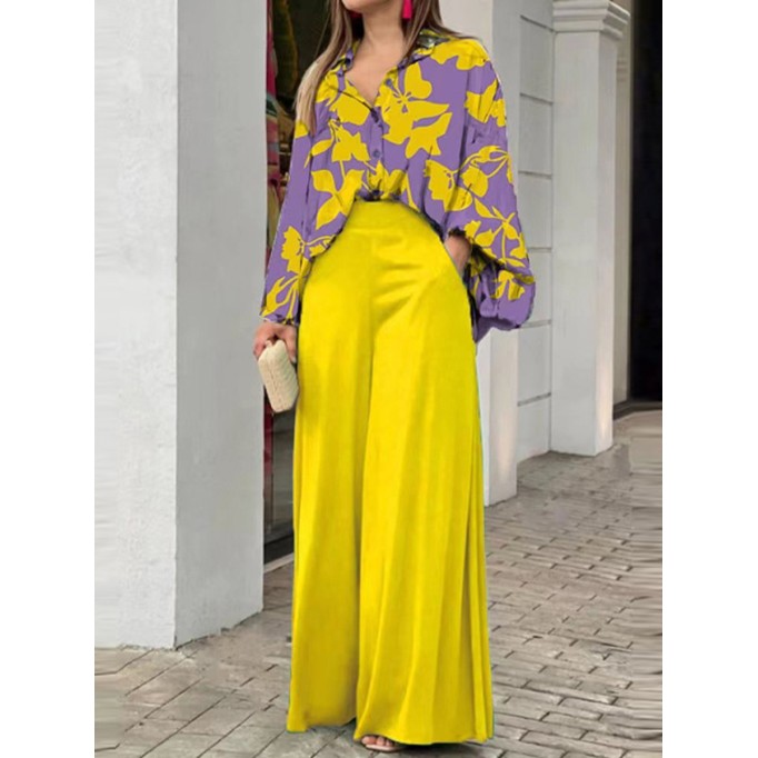 Women's Printed Shirt Temperament Elegant Wide Leg Pants Fashion Casual Suit