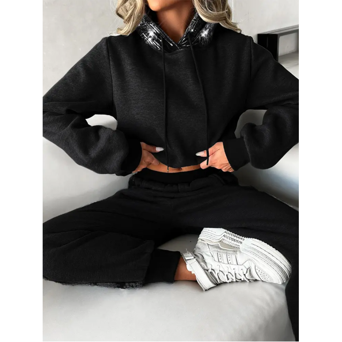 Women's Solid Color Sequin Hoodie Two Piece Set